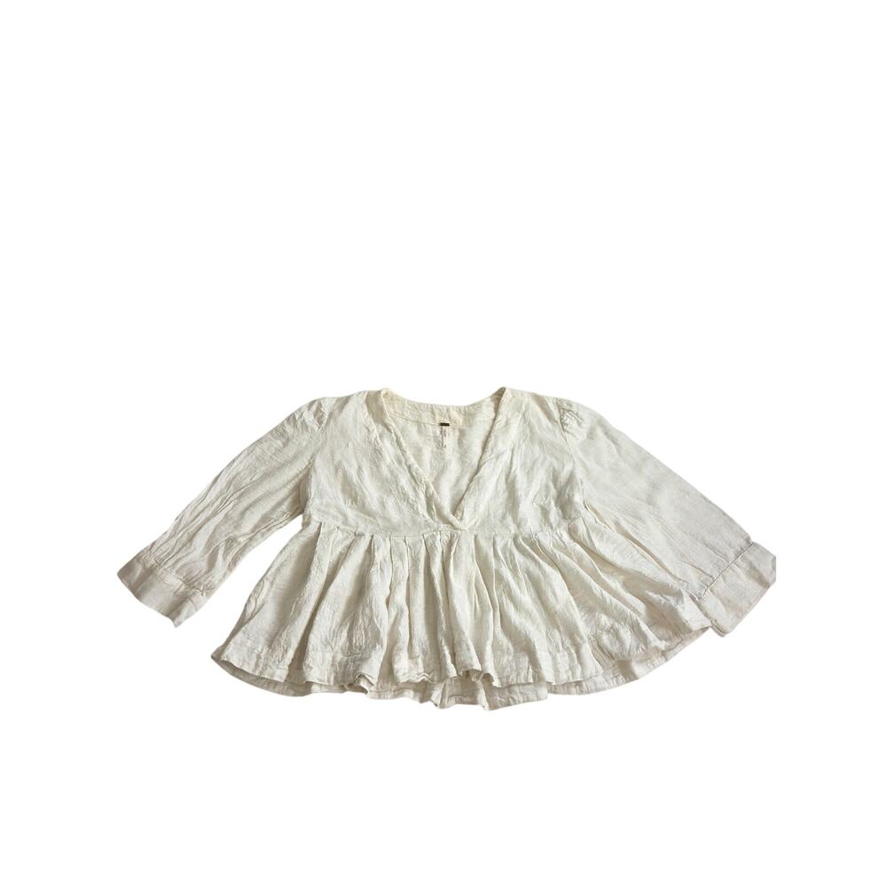 Free People Pleats On Me V-Neck Top IVORY Sz M Boho Coquette
